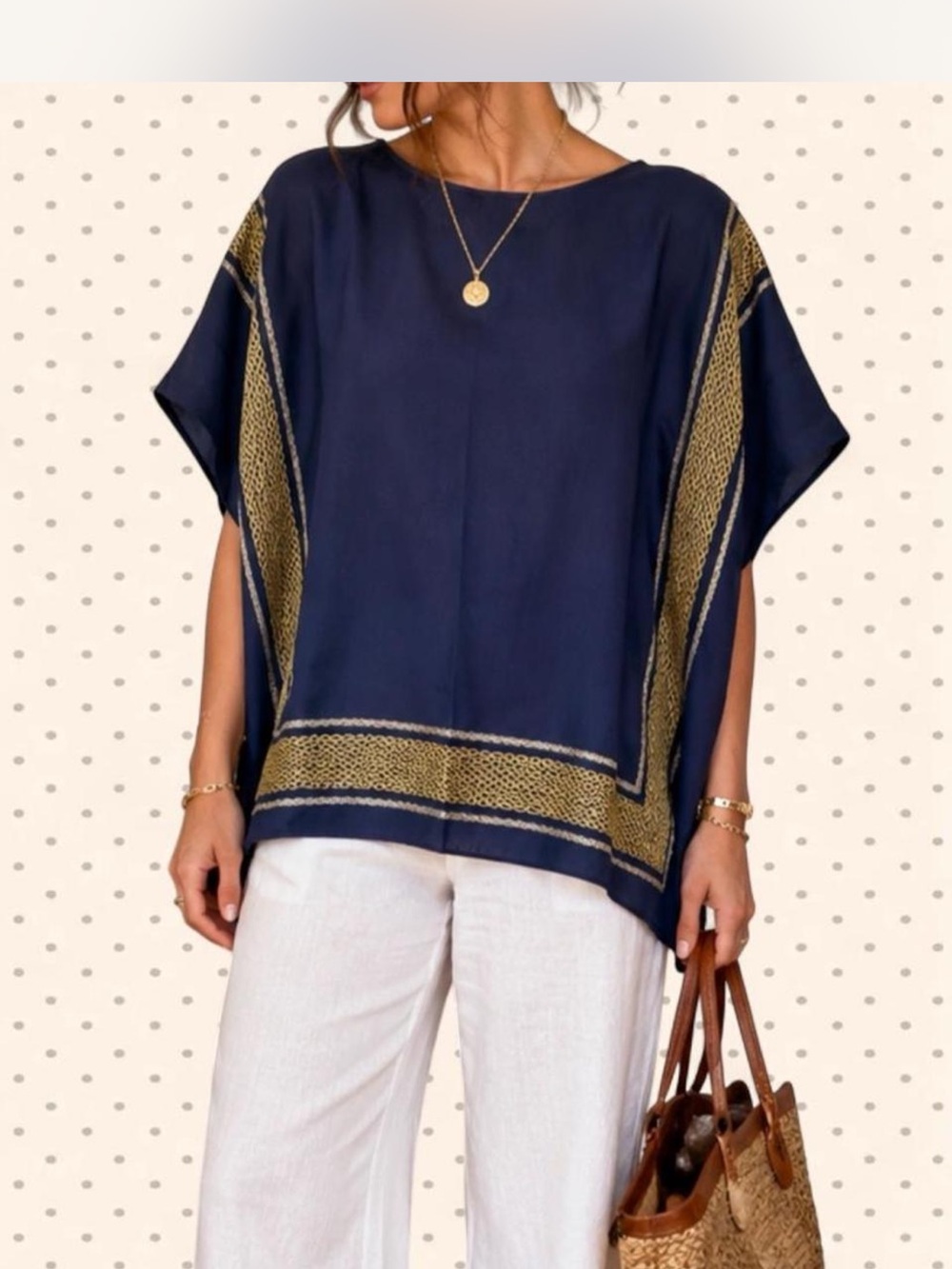 MICHAEL Michael Kors Navy Blue Boxy Tunic with Gold Trim